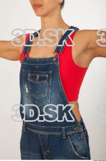 Upper body modeling pose blue jeans red singlet of Rebecca…